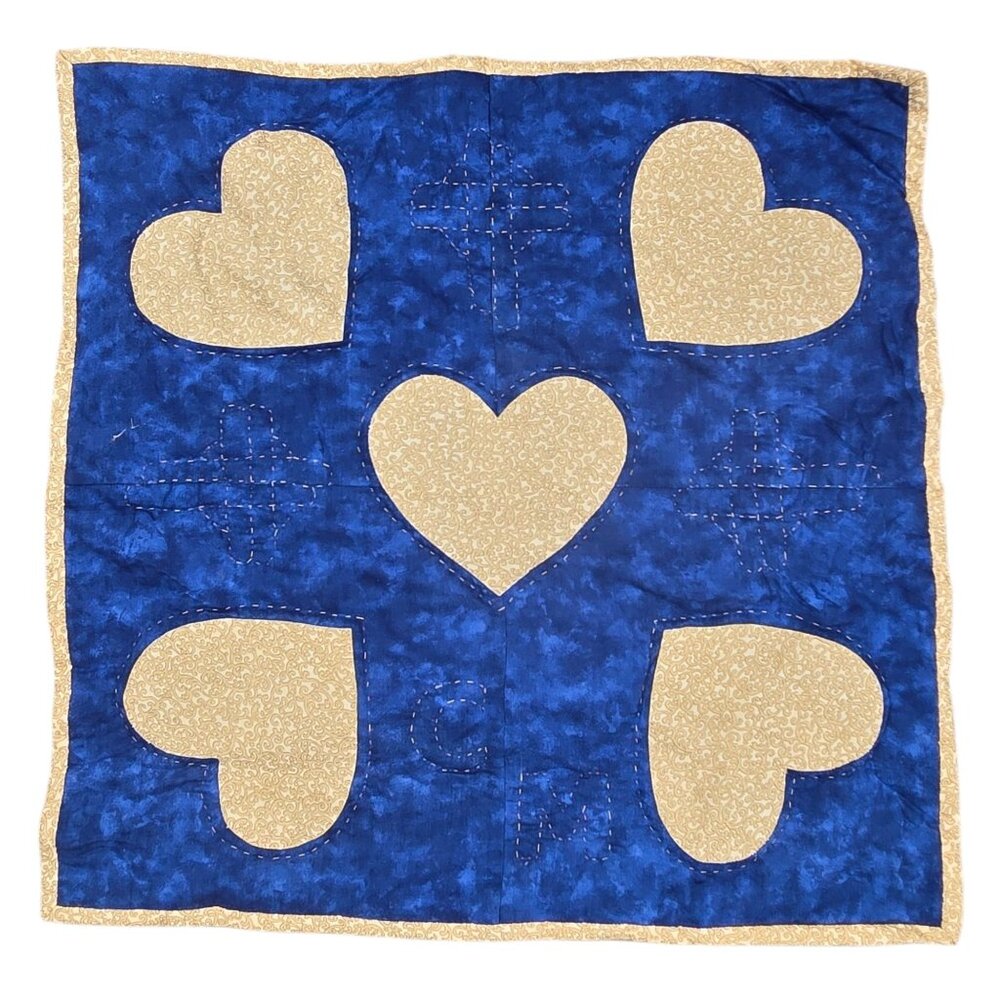 Blue Tan Hearts Quilt 18 Inch Handmade Decor Country Farmhouse Cottagecore